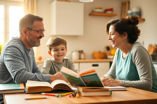 Erleben Sie positiven Heimunterricht: Ein Elternteil lehrt ein Kind am Küchentisch, umgeben von Büchern und Lernmaterialien.