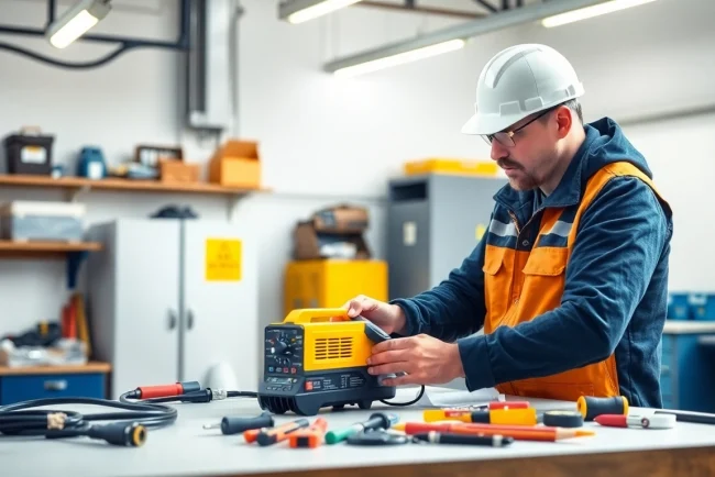 Efficient Prüfung ortsveränderlicher elektrischer Betriebsmittel by a qualified electrician in a safe workshop.