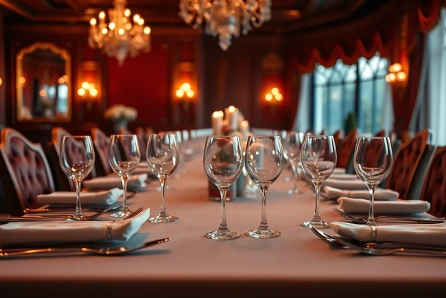 Luxury dining table featuring exquisite silverware and ambient lighting, creating a sophisticated atmosphere.