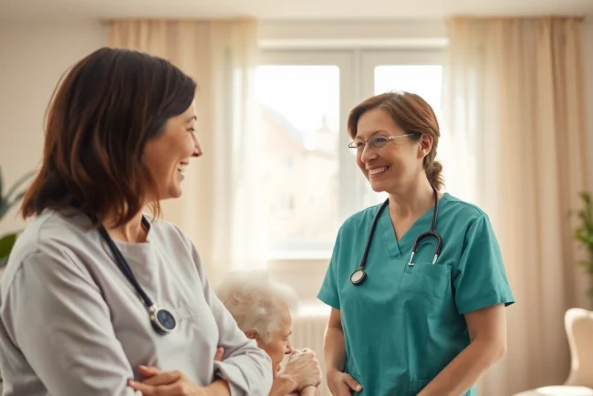 Pflegekräfte des ambulanten pflegedienst köln kümmern sich liebevoll um ältere Menschen zu Hause.