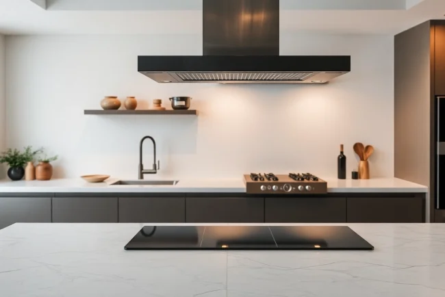 Dampfreiniger in einer eleganten Küche auf dem Marmorarbeitsplatz, ideal für Tiefenreinigung.