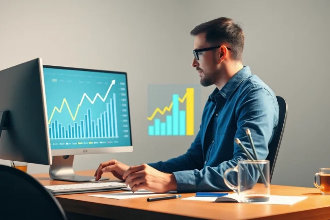 Visualisieren Sie den Aufstieg im SEO-Ranking durch Diagramme und Grafiken am Arbeitsplatz.