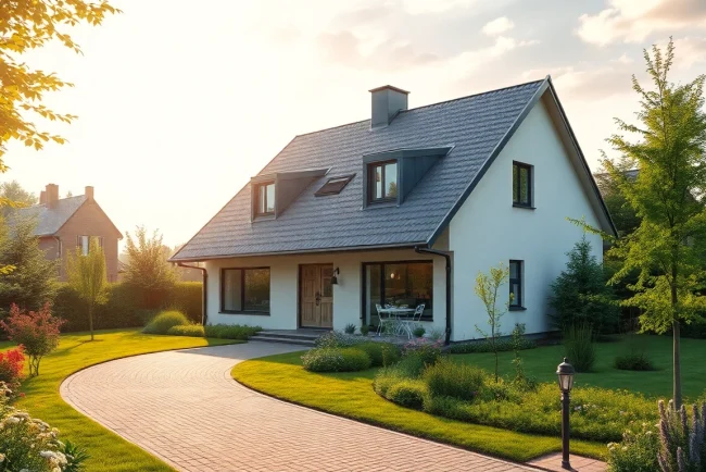Entdecken Sie einen einladenden Hauskauf mit einem modernen Einfamilienhaus in einer schönen deutschen Wohngegend.