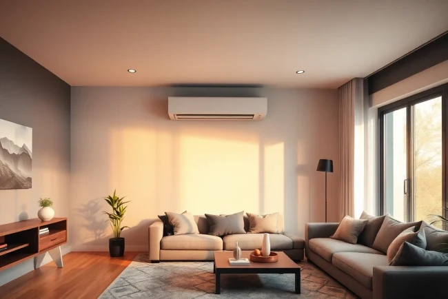 Klimaanlagen im modernen Wohnzimmer mit einer eleganten Wand-Klimaanlage, die eine angenehme Atmosphäre schafft.