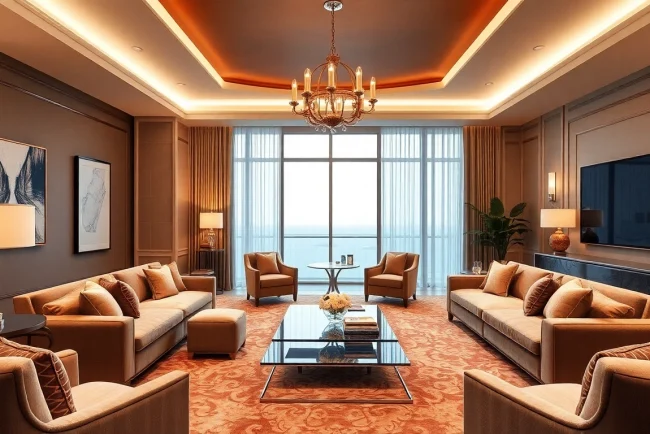 Luxury living room with plush seating and elegant decor creating a serene atmosphere.