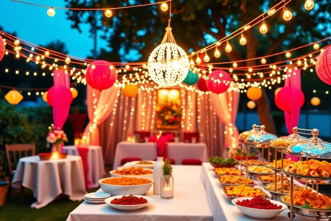 Delightful outdoor Partyservice buffet setup adorned with vibrant decorations and delicious dishes.