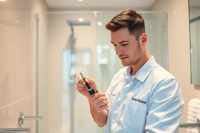Sanitär Notdienst Techniker repariert Wasserhahn im modernen Badezimmer.