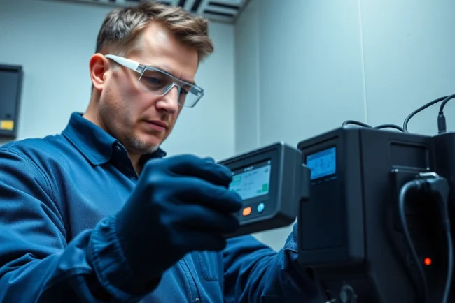 Techniker führt einen elektrischen Gerätecheck durch, um Sicherheitsstandards zu gewährleisten.