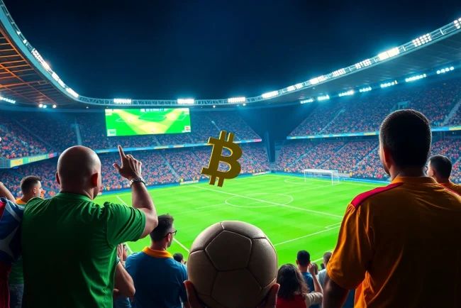Experience the thrill of Bitcoin football betting in an electrifying stadium atmosphere with enthusiastic fans.