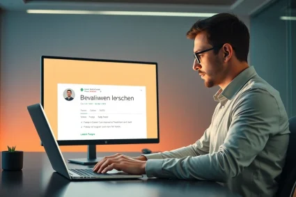 Profi löscht negative Bewertungen auf seinem Laptop, um das Image zu verbessern.