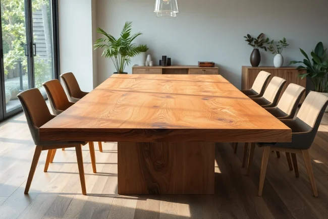 Genießen Sie einen eleganten, massiven Eiche Esstisch mit Baumkante in einem stilvollen Esszimmer. Der Tisch präsentiert warmes Holz und moderne Akzente für gemütliche Zusammenkünfte.
