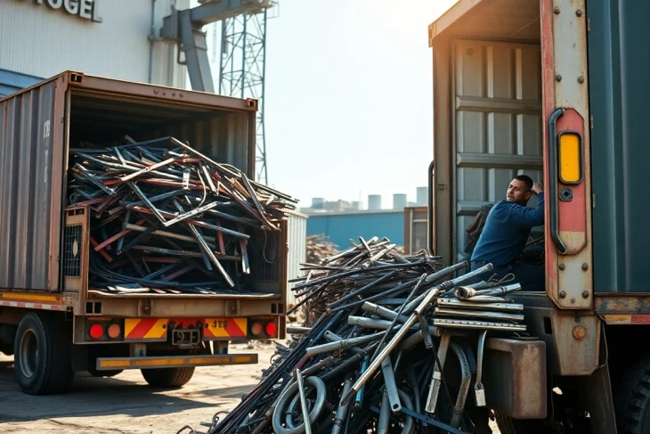 Efficient Schrottabholung Remscheid service in action, showcasing a worker loading scrap metal for recycling.