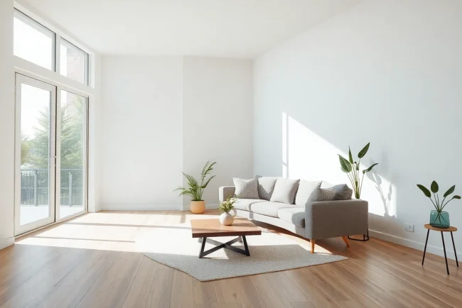 Raumgestaltung mit modernem Wohnraumdesign zeigt sanfte Farbtöne und gemütliche Einrichtung.