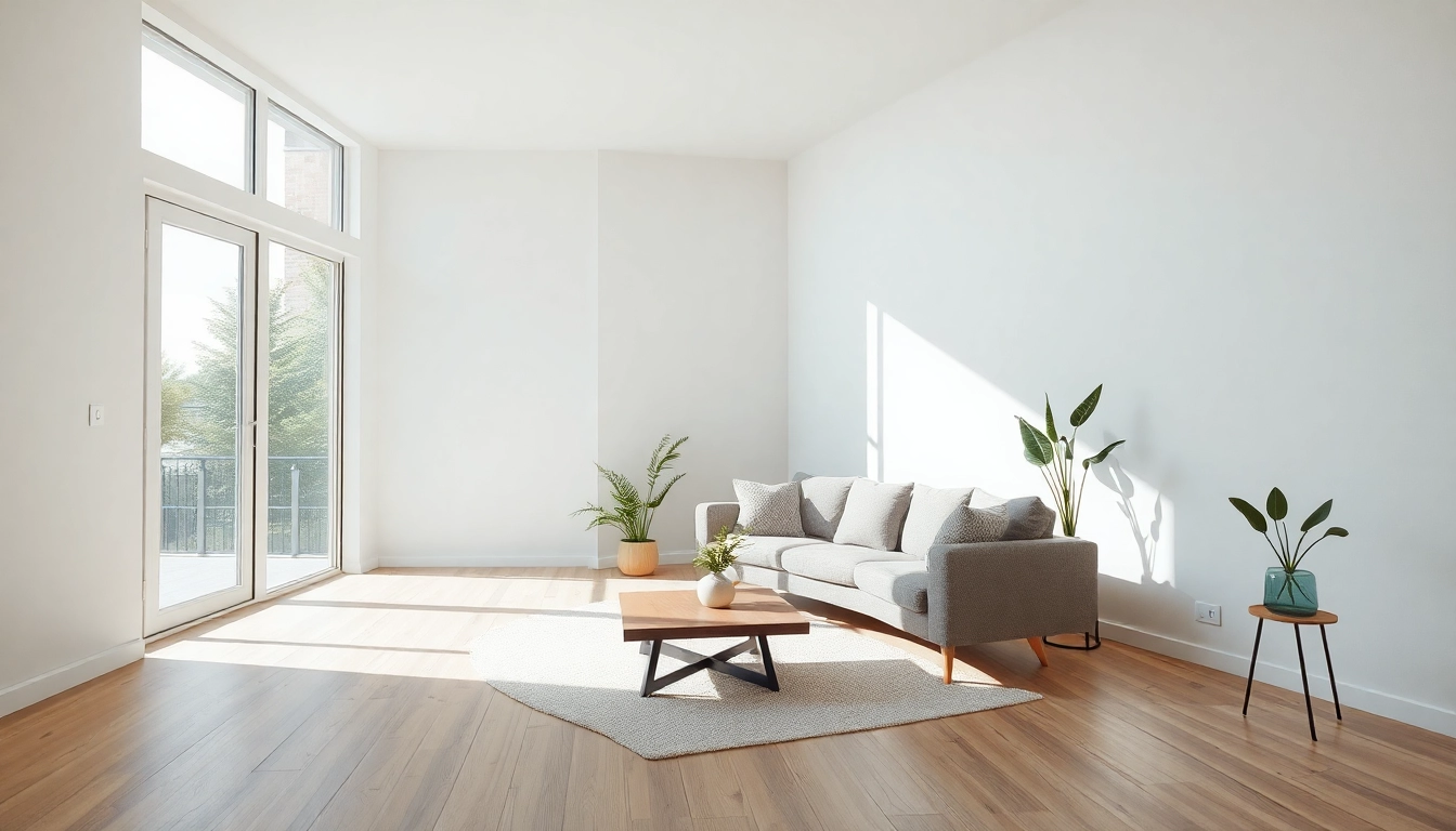 Raumgestaltung mit modernem Wohnraumdesign zeigt sanfte Farbtöne und gemütliche Einrichtung.