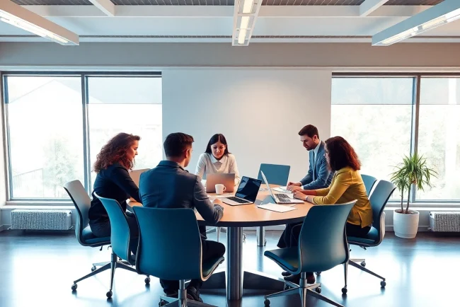 Headhunter Saarbrücken reflektiert ein engagiertes Team, das in einem modernen Büro zusammenarbeitet.