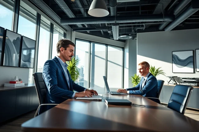 Headhunter Bochum bei der Arbeit in modernem Büro, fokussiert und professionell.