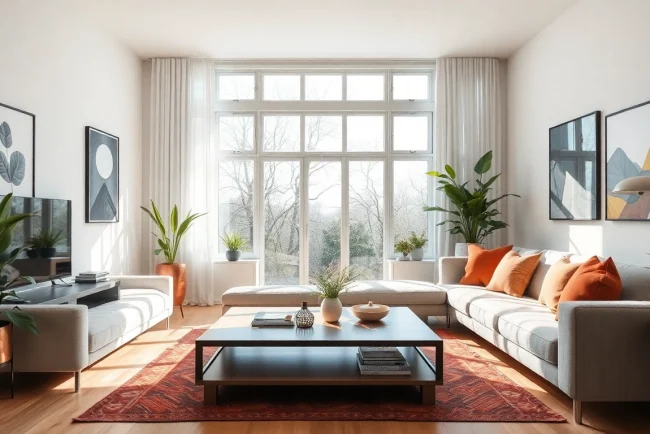 Wunderschöne Raumgestaltung eines stilvollen Wohnzimmers, das eine warme Atmosphäre vermittelt.