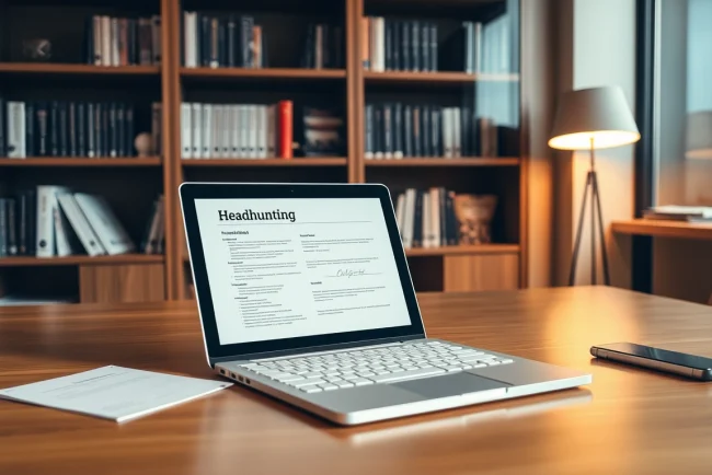 Headhunter bei der Arbeit in einem modernen Büro mit Recruiting-Datenblatt und Laptop.