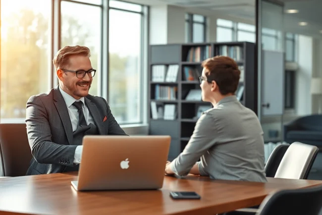 Headhunter Saarbrücken berät professionell einen Kandidaten in einem modernen Büro.