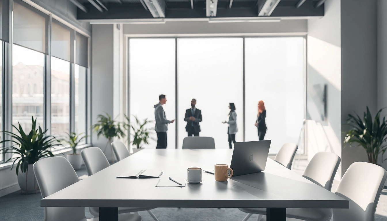 Visualisiere das professionelle Umfeld eines Headhunter Oberhausen mit einem modernen Büro und engagierten Personen im Hintergrund.
