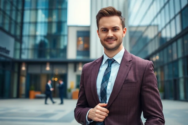 Headhunter bei der Arbeit vor einem modernen Büro in dynamischer Pose.