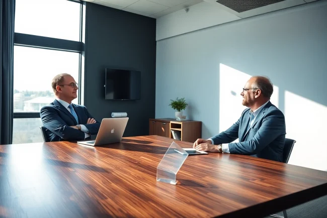 Headhunter CEO in einem modernen Büro, während er einen vielversprechenden Kandidaten interviewt.