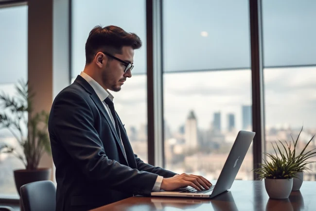 Headhunter Berlin prüft Lebensläufe in modernem Büro mit Skyline.