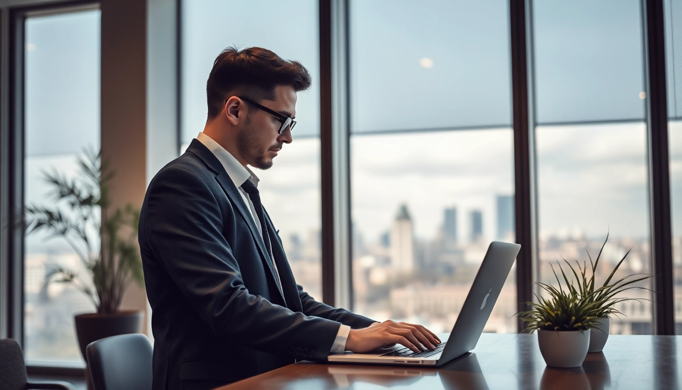 Headhunter Berlin prüft Lebensläufe in modernem Büro mit Skyline.
