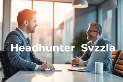 Headhunter Schweiz berät Klienten in einem modernen Büro mit Laptop.