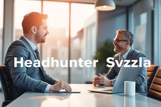 Headhunter Schweiz berät Klienten in einem modernen Büro mit Laptop.