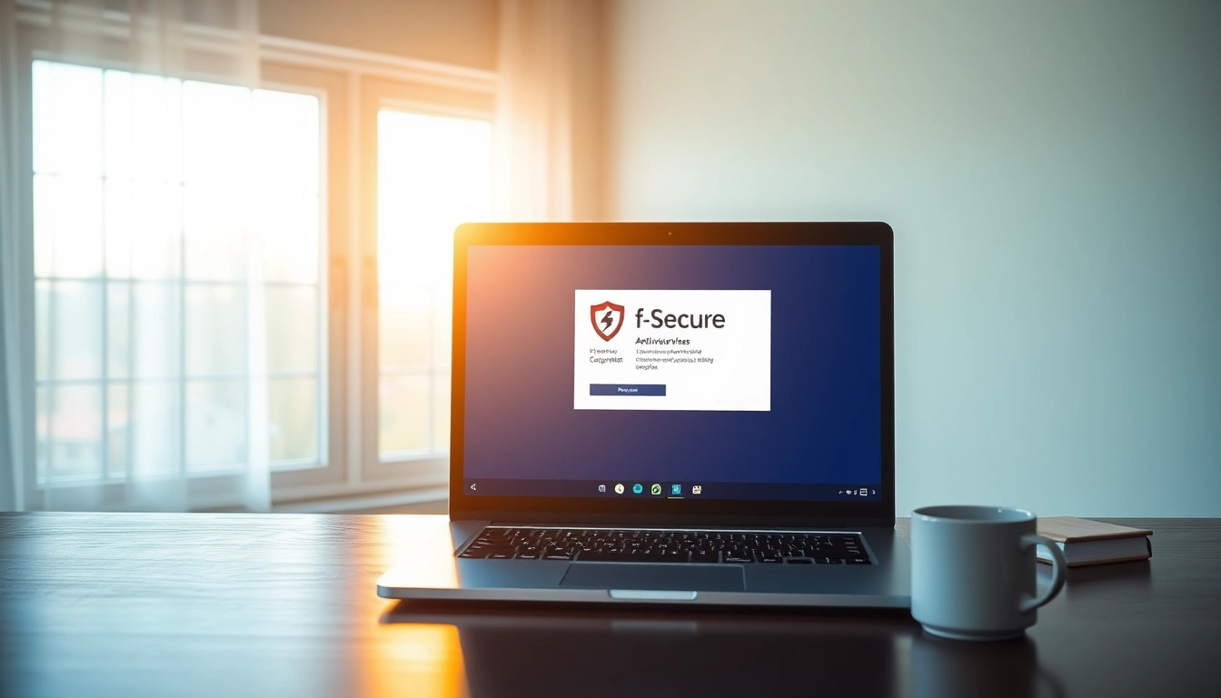 F-Secure Antivirus Lizenz 1 Jahr auf einem eleganten Laptop, der in einem hellen Büro leuchtet.