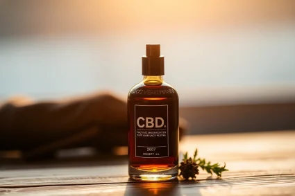 CBD Öl in einem eleganten Glasbehälter auf Holz, ideal für natürliche Heilmittel.