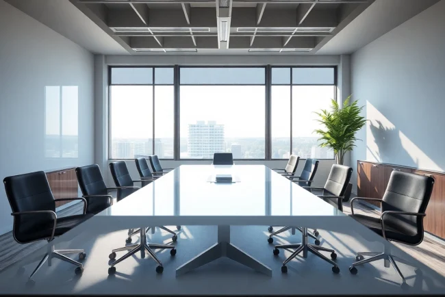 Professionelles Büroundenken einer Headhunter Agentur mit modernem Design, hellem Licht und stilvollem Konferenztisch.