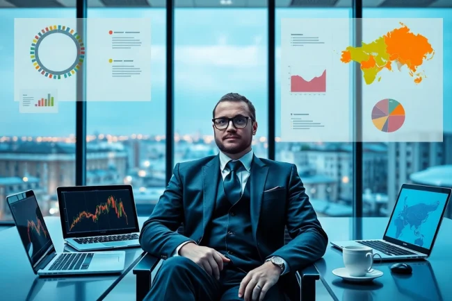 Headhunter Solingen in einem modernen Büro, umgeben von Arbeitsmaterialien und einem Blick auf die Stadt.