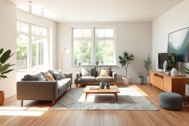 Harmonische Raumgestaltung eines modernen Wohnzimmers mit natürlichem Licht.