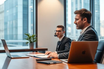 Headhunter Frankfurt führt ein professionelles Gespräch am Telefon in einem modernen Büro.