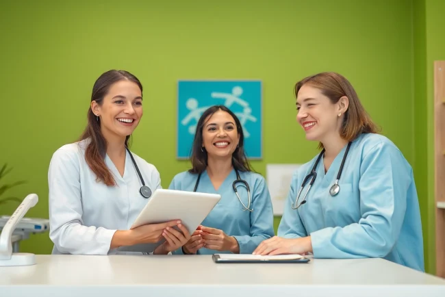 Headhunter Zahnmedizinische Fachangestellte in einer lebendigen Zahnarztpraxis, die aktiv bei der Mitarbeitergewinnung arbeiten.