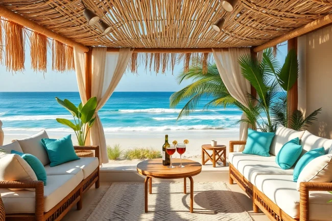 Entspannen im Küsten-Cabana mit tropischen Pflanzen und Meerblick.