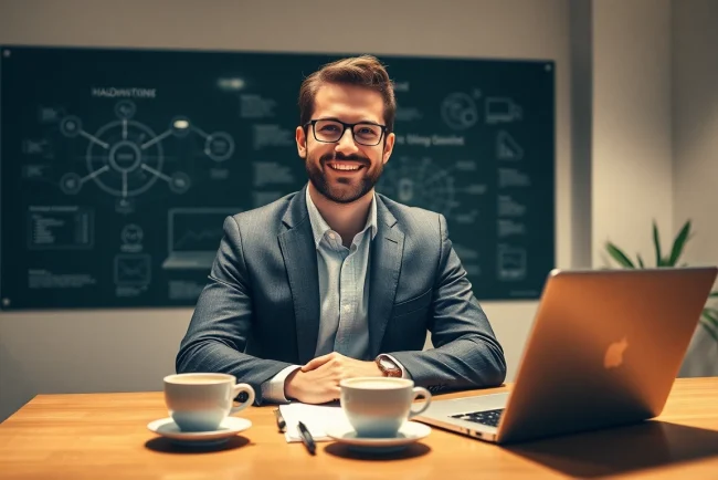 Headhunter IT bei der Arbeit in einem modernen Büro, umgeben von Technologie und Notizen.