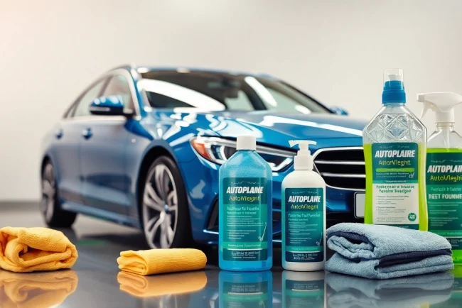 Autopflege Produkte präsentieren glänzende Reinigungsmittel und Zubehör in einem klaren, gepflegten Umfeld.