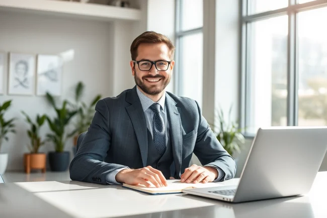 Headhunter IT engagiert in einem modernen Büro, arbeitet am Laptop und stellt einen potenziellen Kandidaten vor.