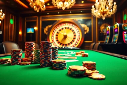 Engaging scene of tg88 game at a luxury casino with poker table and roulette.