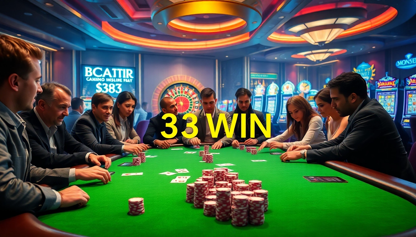 Players engaging at a casino table while enjoying the thrill of 33WIN gaming, showcasing poker chips and cards.
