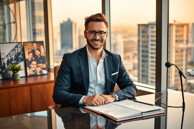 Professional Headhunter Gastronomie in stilvollem Büro, lässig im Gespräch, umgeben von Gastronomie-Bildern.