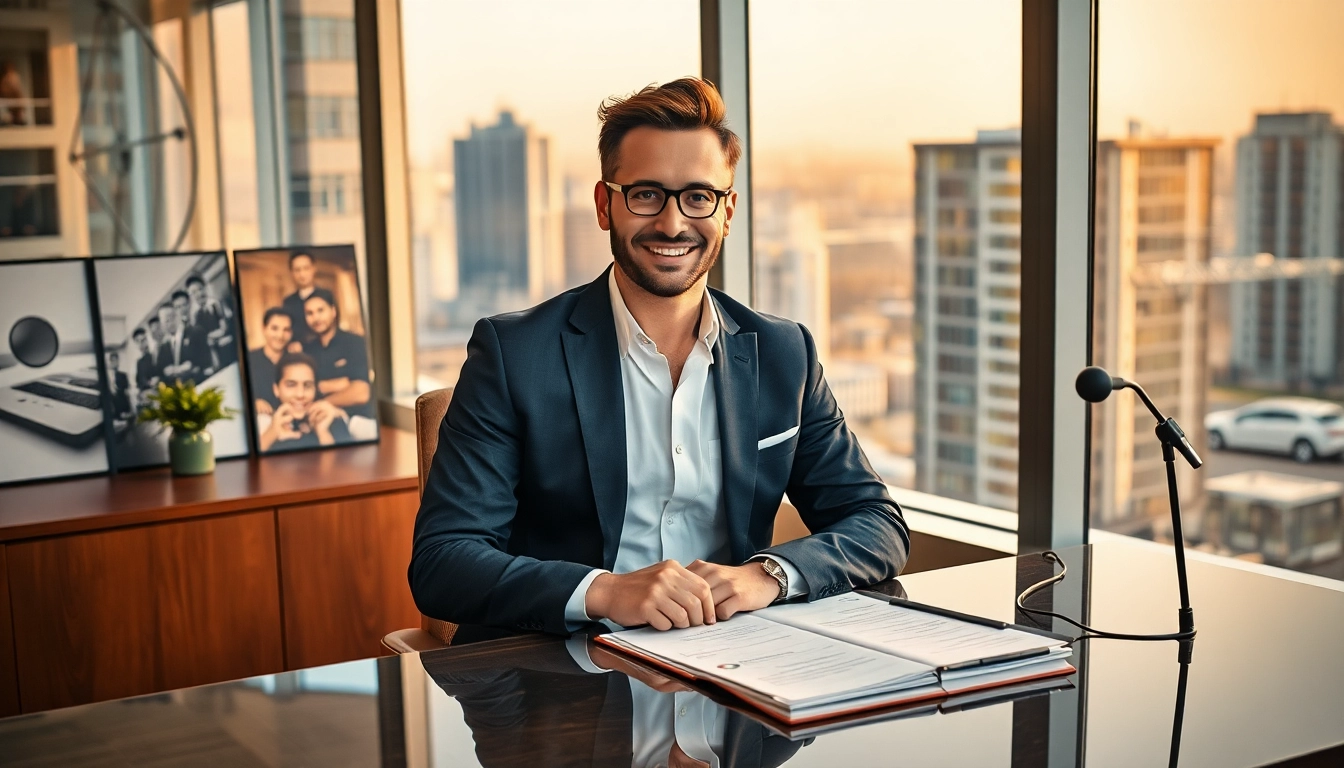 Professional Headhunter Gastronomie in stilvollem Büro, lässig im Gespräch, umgeben von Gastronomie-Bildern.
