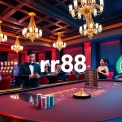 Players engaged in thrilling games at rr88 luxury casino, featuring poker chips and vibrant slot machines.