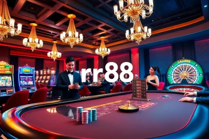 Players engaged in thrilling games at rr88 luxury casino, featuring poker chips and vibrant slot machines.
