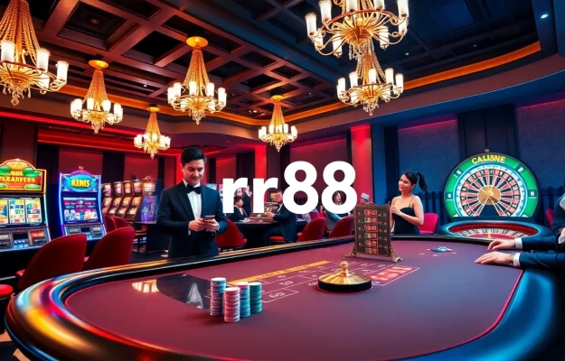 Players engaged in thrilling games at rr88 luxury casino, featuring poker chips and vibrant slot machines.