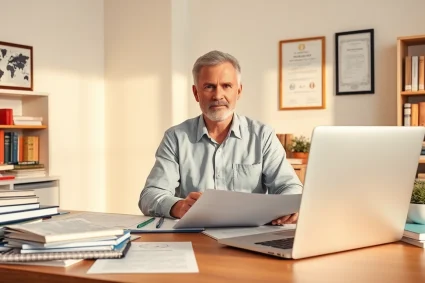 Eine professionelle Szene, in der ein vereidigter Übersetzer Dokumente in einem modernen Büro mit juristischen Arbeitsmitteln übersetzt.