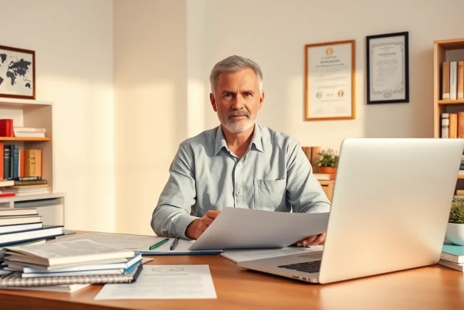 Eine professionelle Szene, in der ein vereidigter Übersetzer Dokumente in einem modernen Büro mit juristischen Arbeitsmitteln übersetzt.